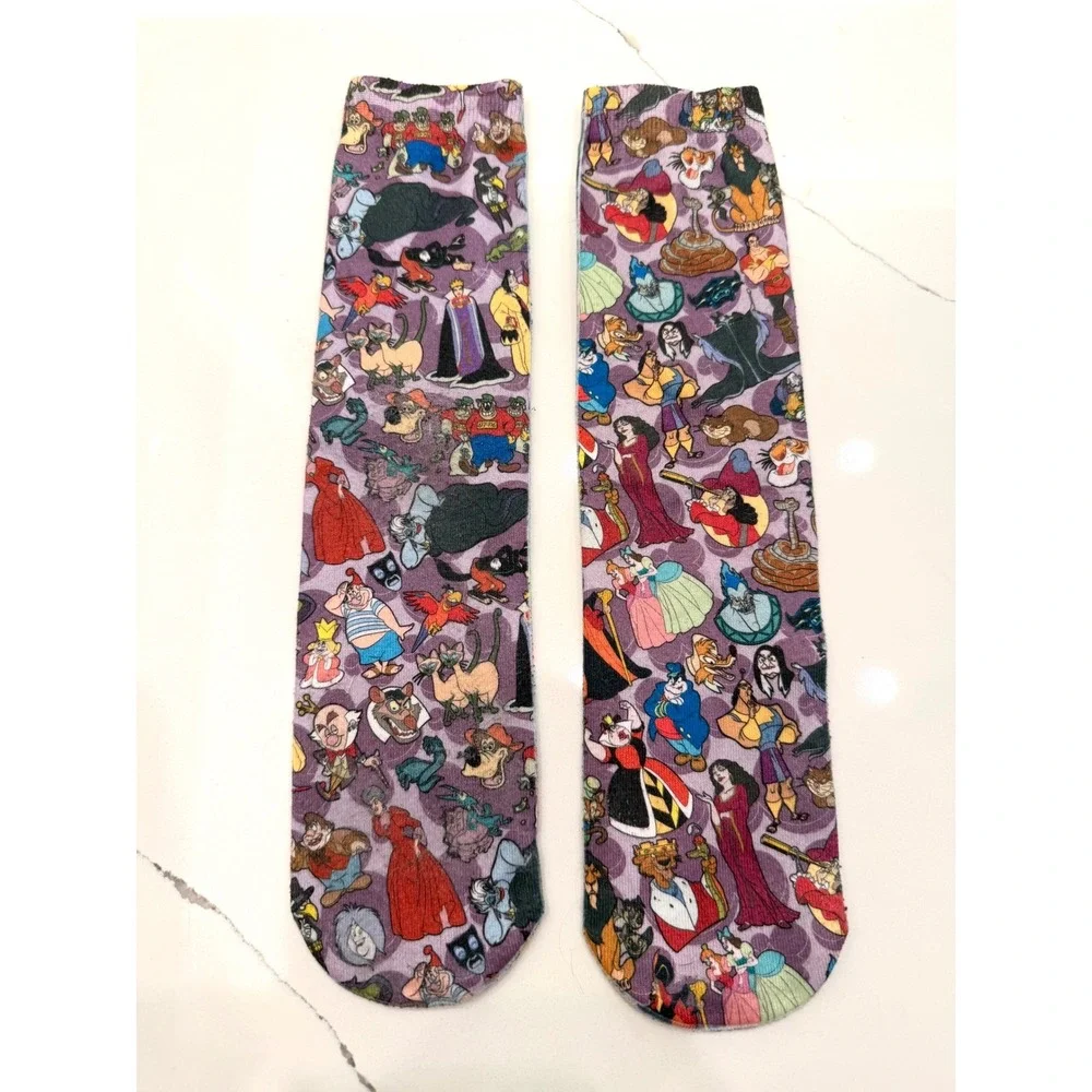 FREE w/ PURCHASE Disney Heroes Villains Crew Socks Grey Purple All Over Print